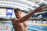 16 April 2025; Shane Ryan reacts after beating the national record in the 50m Breaststroke during day five of the Irish Open Swimming Championships at the National Aquatic Centre on the Sport Ireland Campus in Dublin. Photo by Ben McShane/Sportsfile