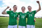 17 April 2025; Republic of Ireland goalscorers, from left, Halle Harcourt, Ellen Goggin and Hailey Twomey after their side's victory in the Girls U15 SAFIB Bob Docherty Cup match between Northern Ireland and Republic of Ireland at Greenisland FC in Antrim. Photo by Seb Daly/Sportsfile