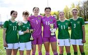 17 April 2025; Republic of Ireland players, from left, Kyra Gavigan, Leah O’Leary Callender, goalkeepers Sarah Doyle and Lucy Doyle Farrington, Abbie Duffy, and Ava Hallinan after the Girls U15 SAFIB Bob Docherty Cup match between Northern Ireland and Republic of Ireland at Greenisland FC in Antrim. Photo by Seb Daly/Sportsfile