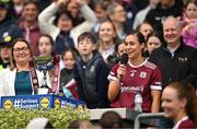 12 April 2025; Kate Geraghty of Galway speaking after her side's victory in the Lidl Ladies National Football League Division 2 final match between Cork and Galway at Croke Park in Dublin. Photo by Sam Barnes/Sportsfile