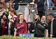12 April 2025; Aoife O'Rourke of Galway, left, and Galway goalkeeper Dearbhla Gower celebrates with the cup after their side's victory in the Lidl Ladies National Football League Division 2 final match between Cork and Galway at Croke Park in Dublin. Photo by Sam Barnes/Sportsfile