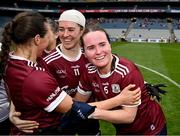 12 April 2025; Nicola Ward of Galway, right, celebrates with teammate Chellene Trill, left, and Shauna Hynes, centre, at the final whistle following their side's victory in the Lidl Ladies National Football League Division 2 final match between Cork and Galway at Croke Park in Dublin. Photo by Sam Barnes/Sportsfile