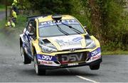 18 April 2025; Josh Moffett and Andy Hayes compete in their Hyundai i20 N Rally2 during day one of the Circuit of Ireland Rally round two of the Irish Tarmac Rally Championship in Dungannon, Tyrone. Photo by Philip Fitzpatrick/Sportsfile