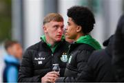 18 April 2025; Victor Ozhianvuna, right, and Michael Noonan of Shamrock Rovers before the SSE Airtricity Men's Premier Division match between St Patrick's Athletic and Shamrock Rovers at Richmond Park in Dublin. Photo by Stephen McCarthy/Sportsfile