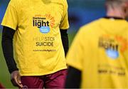 18 April 2025; A general view of the 'Darkness into light' t-shirts worn by Drogheda United players before the SSE Airtricity Men's Premier Division match between Drogheda United and Shelbourne at Sullivan & Lambe Park in Drogheda, Louth. Photo by Ben McShane/Sportsfile