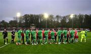 18 April 2025; Players from both side's shake hands before the SSE Airtricity Men's Premier Division match between St Patrick's Athletic and Shamrock Rovers at Richmond Park in Dublin. Photo by Stephen McCarthy/Sportsfile