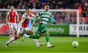 18 April 2025; Graham Burke of Shamrock Rovers in action against Jamie Lennon of St Patrick's Athletic during the SSE Airtricity Men's Premier Division match between St Patrick's Athletic and Shamrock Rovers at Richmond Park in Dublin. Photo by Stephen McCarthy/Sportsfile