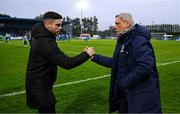 18 April 2025; Sligo Rovers manager John Russell, left, and Waterford manager Keith Long shake hands before the SSE Airtricity Men's Premier Division match between Waterford and Sligo Rovers at the Regional Sports Centre in Waterford. Photo by Seb Daly/Sportsfile