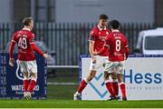 18 April 2025; Gareth McElroy of Sligo Rovers, second from right, celebrates with teammate Jad Hakiki after scoring their side's first goal during the SSE Airtricity Men's Premier Division match between Waterford and Sligo Rovers at the Regional Sports Centre in Waterford. Photo by Seb Daly/Sportsfile