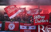18 April 2025; Shelbourne supporters before the SSE Airtricity Men's Premier Division match between Drogheda United and Shelbourne at Sullivan & Lambe Park in Drogheda, Louth. Photo by Ben McShane/Sportsfile
