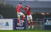 18 April 2025; Owen Elding of Sligo Rovers, right, celebrates with teammate Cian Kavanagh after scoring their side's second goal during the SSE Airtricity Men's Premier Division match between Waterford and Sligo Rovers at the Regional Sports Centre in Waterford. Photo by Seb Daly/Sportsfile