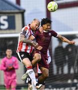 18 April 2025; Mark Connolly of Derry City in action against Moses Dyer of Galway United during the SSE Airtricity Men's Premier Division match between Galway United and Derry City at Eamonn Deacy Park in Galway. Photo by Piaras Ó Mídheach/Sportsfile