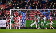 18 April 2025; Mason Melia of St Patrick's Athletic heads clear off of the line ahead of St Patrick's Athletic goalkeeper Joseph Anang during the SSE Airtricity Men's Premier Division match between St Patrick's Athletic and Shamrock Rovers at Richmond Park in Dublin. Photo by Stephen McCarthy/Sportsfile