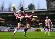 18 April 2025; Gavin Whyte of Derry City in action against Robert Burns of Galway United during the SSE Airtricity Men's Premier Division match between Galway United and Derry City at Eamonn Deacy Park in Galway. Photo by Piaras Ó Mídheach/Sportsfile