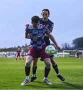 18 April 2025; Conor Kane of Drogheda United in action against Harry Wood of Shelbourne during the SSE Airtricity Men's Premier Division match between Drogheda United and Shelbourne at Sullivan & Lambe Park in Drogheda, Louth. Photo by Ben McShane/Sportsfile