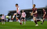 18 April 2025; Gavin Whyte of Derry City in action against Vincent Borden of Galway United during the SSE Airtricity Men's Premier Division match between Galway United and Derry City at Eamonn Deacy Park in Galway. Photo by Piaras Ó Mídheach/Sportsfile