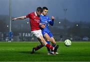 18 April 2025; Conor Reynolds of Sligo Rovers in action against Darragh Leahy of Waterford during the SSE Airtricity Men's Premier Division match between Waterford and Sligo Rovers at the Regional Sports Centre in Waterford. Photo by Seb Daly/Sportsfile