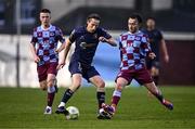 18 April 2025; Harry Wood of Shelbourne in action against Darragh Markey of Drogheda United during the SSE Airtricity Men's Premier Division match between Drogheda United and Shelbourne at Sullivan & Lambe Park in Drogheda, Louth. Photo by Ben McShane/Sportsfile