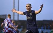 18 April 2025; Evan Caffrey of Shelbourne reacts during the SSE Airtricity Men's Premier Division match between Drogheda United and Shelbourne at Sullivan & Lambe Park in Drogheda, Louth. Photo by Ben McShane/Sportsfile