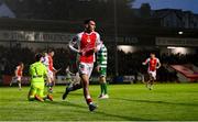 18 April 2025; Mason Melia of St Patrick's Athletic celebrates after scoring his side's first goal during the SSE Airtricity Men's Premier Division match between St Patrick's Athletic and Shamrock Rovers at Richmond Park in Dublin. Photo by Stephen McCarthy/Sportsfile