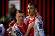 18 April 2025; Mason Melia of St Patrick's Athletic, right, celebrates with team-mate Brandon Kavanagh after scoring their side's first goal during the SSE Airtricity Men's Premier Division match between St Patrick's Athletic and Shamrock Rovers at Richmond Park in Dublin. Photo by Stephen McCarthy/Sportsfile