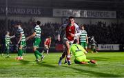 18 April 2025; Mason Melia of St Patrick's Athletic celebrates after scoring his side's first goal during the SSE Airtricity Men's Premier Division match between St Patrick's Athletic and Shamrock Rovers at Richmond Park in Dublin. Photo by Stephen McCarthy/Sportsfile