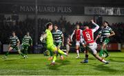 18 April 2025; Mason Melia of St Patrick's Athletic shoots to score his side's first goal during the SSE Airtricity Men's Premier Division match between St Patrick's Athletic and Shamrock Rovers at Richmond Park in Dublin. Photo by Stephen McCarthy/Sportsfile
