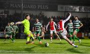 18 April 2025; Mason Melia of St Patrick's Athletic shoots to score his side's first goal during the SSE Airtricity Men's Premier Division match between St Patrick's Athletic and Shamrock Rovers at Richmond Park in Dublin. Photo by Stephen McCarthy/Sportsfile