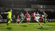 18 April 2025; Mason Melia of St Patrick's Athletic shoots to score his side's first goal during the SSE Airtricity Men's Premier Division match between St Patrick's Athletic and Shamrock Rovers at Richmond Park in Dublin. Photo by Stephen McCarthy/Sportsfile