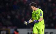18 April 2025; Shamrock Rovers goalkeeper Ed McGinty celebrates after team-mate Jack Byrne scores their side's first goal during the SSE Airtricity Men's Premier Division match between St Patrick's Athletic and Shamrock Rovers at Richmond Park in Dublin. Photo by Stephen McCarthy/Sportsfile