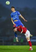 18 April 2025; Kacper Radkowski of Waterford in action against Cian Kavanagh of Sligo Rovers during the SSE Airtricity Men's Premier Division match between Waterford and Sligo Rovers at the Regional Sports Centre in Waterford. Photo by Seb Daly/Sportsfile