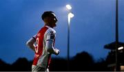 18 April 2025; Mason Melia of St Patrick's Athletic celebrates after scoring his side's first goal during the SSE Airtricity Men's Premier Division match between St Patrick's Athletic and Shamrock Rovers at Richmond Park in Dublin. Photo by Stephen McCarthy/Sportsfile