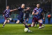 18 April 2025; Mark Coyle of Shelbourne shoots to score his side's first goal during the SSE Airtricity Men's Premier Division match between Drogheda United and Shelbourne at Sullivan & Lambe Park in Drogheda, Louth. Photo by Ben McShane/Sportsfile