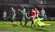 18 April 2025; Mason Melia of St Patrick's Athletic celebrates after scoring his side's first goal during the SSE Airtricity Men's Premier Division match between St Patrick's Athletic and Shamrock Rovers at Richmond Park in Dublin. Photo by Stephen McCarthy/Sportsfile