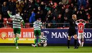18 April 2025; Jack Byrne of Shamrock Rovers celebrates with team-mate Rory Gaffney, 20, after scoring their side's first goal during the SSE Airtricity Men's Premier Division match between St Patrick's Athletic and Shamrock Rovers at Richmond Park in Dublin. Photo by Stephen McCarthy/Sportsfile