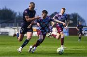 18 April 2025; Evan Caffrey of Shelbourne in action against Conor Kane of Drogheda United during the SSE Airtricity Men's Premier Division match between Drogheda United and Shelbourne at Sullivan & Lambe Park in Drogheda, Louth. Photo by Ben McShane/Sportsfile