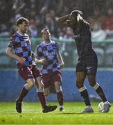 18 April 2025; Mipo Odubeko of Shelbourne reacts after being called offside during the SSE Airtricity Men's Premier Division match between Drogheda United and Shelbourne at Sullivan & Lambe Park in Drogheda, Louth. Photo by Ben McShane/Sportsfile