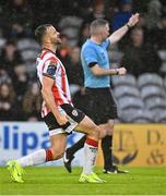18 April 2025; Robbie Benson of Derry City reacts during the SSE Airtricity Men's Premier Division match between Galway United and Derry City at Eamonn Deacy Park in Galway. Photo by Piaras Ó Mídheach/Sportsfile