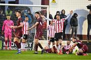 18 April 2025; Patrick Hickey of Galway United, centre, reacts during the SSE Airtricity Men's Premier Division match between Galway United and Derry City at Eamonn Deacy Park in Galway. Photo by Piaras Ó Mídheach/Sportsfile