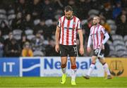 18 April 2025; Robbie Benson of Derry City reacts during the SSE Airtricity Men's Premier Division match between Galway United and Derry City at Eamonn Deacy Park in Galway. Photo by Piaras Ó Mídheach/Sportsfile