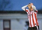 18 April 2025; Gavin Whyte of Derry City reacts during the SSE Airtricity Men's Premier Division match between Galway United and Derry City at Eamonn Deacy Park in Galway. Photo by Piaras Ó Mídheach/Sportsfile