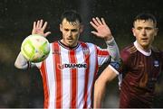 18 April 2025; Danny Mullan of Derry City lets the ball run past him, as he was coming back from an offside position, during the SSE Airtricity Men's Premier Division match between Galway United and Derry City at Eamonn Deacy Park in Galway. Photo by Piaras Ó Mídheach/Sportsfile