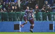 18 April 2025; Owen Lambe of Drogheda United celebrates with team-mate Darragh Markey after scoring their side's second goal during the SSE Airtricity Men's Premier Division match between Drogheda United and Shelbourne at Sullivan & Lambe Park in Drogheda, Louth. Photo by Ben McShane/Sportsfile