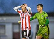 18 April 2025; Gavin Whyte of Derry City reacts as Evan Watts of Galway United looks on during the SSE Airtricity Men's Premier Division match between Galway United and Derry City at Eamonn Deacy Park in Galway. Photo by Piaras Ó Mídheach/Sportsfile