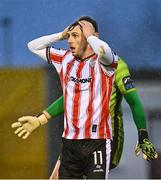 18 April 2025; Gavin Whyte of Derry City during the SSE Airtricity Men's Premier Division match between Galway United and Derry City at Eamonn Deacy Park in Galway. Photo by Piaras Ó Mídheach/Sportsfile
