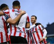 18 April 2025; Danny Mullan of Derry City celebrates scoring his side's first goal during the SSE Airtricity Men's Premier Division match between Galway United and Derry City at Eamonn Deacy Park in Galway. Photo by Piaras Ó Mídheach/Sportsfile