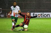 18 April 2025; Milan Mbeng of Cork City in action against Connor Parsons of Bohemians during the SSE Airtricity Men's Premier Division match between Bohemians and Cork City at Dalymount Park in Dublin. Photo by Thomas Gallagher/Sportsfile