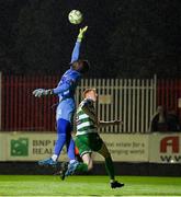 18 April 2025; St Patrick's Athletic goalkeeper Joseph Anang in action against Rory Gaffney of Shamrock Rovers during the SSE Airtricity Men's Premier Division match between St Patrick's Athletic and Shamrock Rovers at Richmond Park in Dublin. Photo by Stephen McCarthy/Sportsfile