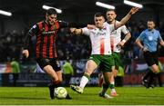 18 April 2025; Colm Whelan of Bohemians in action against Darragh Crowley of Cork City during the SSE Airtricity Men's Premier Division match between Bohemians and Cork City at Dalymount Park in Dublin. Photo by Shauna Clinton/Sportsfile