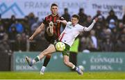 18 April 2025; Sean Grehan of Bohemians in action against Cathal O'Sullivan of Cork City during the SSE Airtricity Men's Premier Division match between Bohemians and Cork City at Dalymount Park in Dublin. Photo by Shauna Clinton/Sportsfile